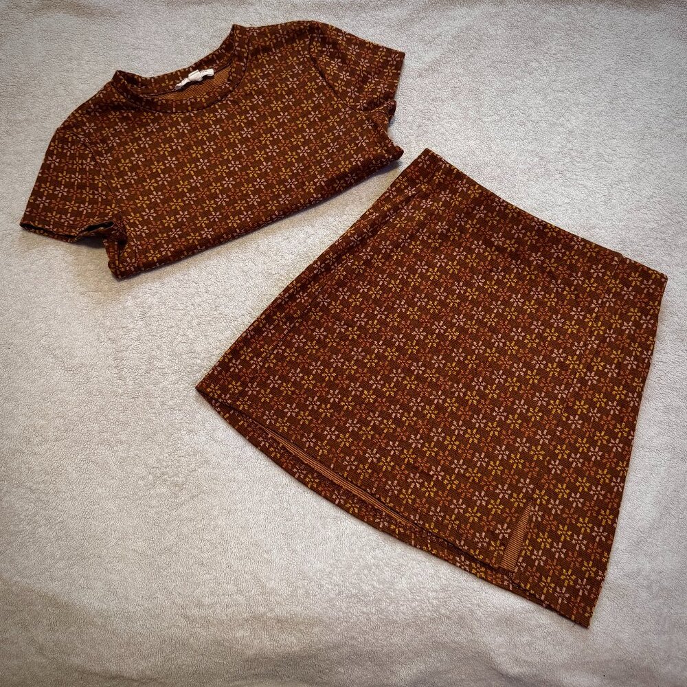 Super Cute Pink Rose - Two Piece Cropped Shirt and Mini Skirt Set